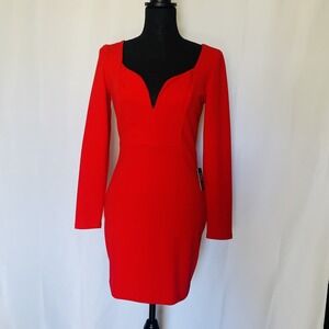 NWT Express Bodycon Long Sleeve Open Back V Neck Red Glam Bombshell Dress P-XS